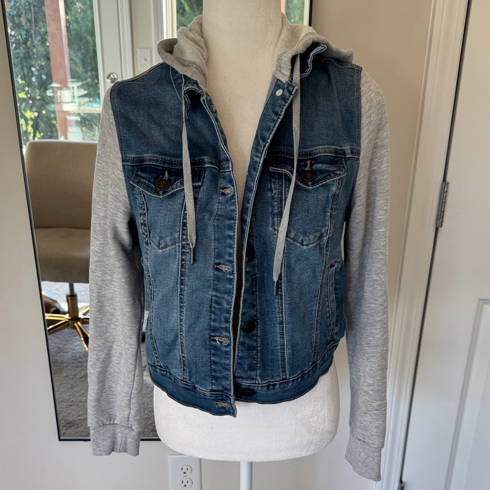 Denim and Gray Hooded Women's Jacket